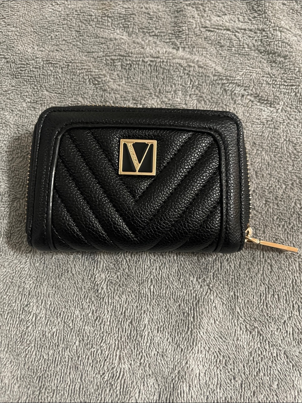 Victoria's Secret Black Quilted Zip Card Wallet with Gold V Accent